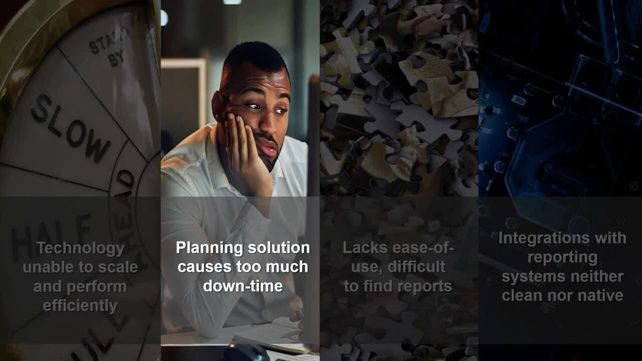 Group of people in a meeting at a table looking at a TV with remote video conferencing. 