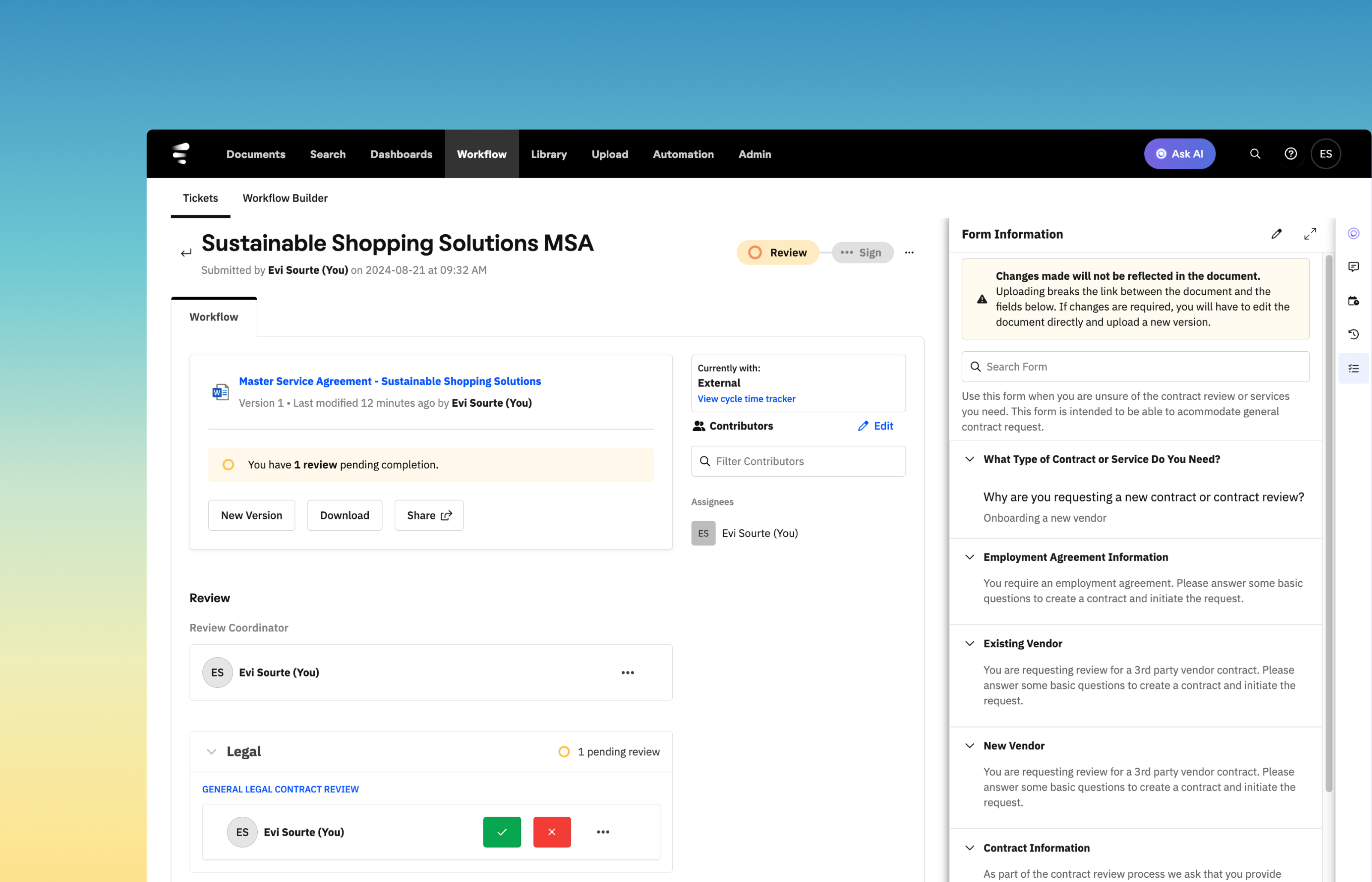 Screenshot der Registerkarte „Contract Learning Management Workflow“.