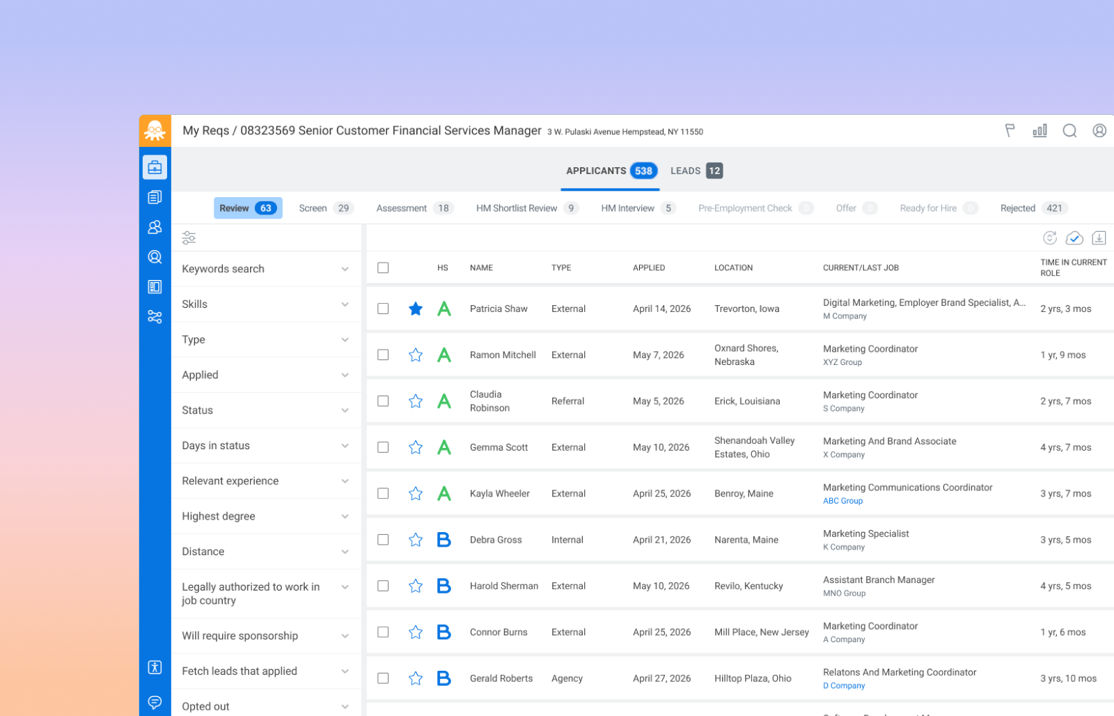 Workday HiredScore candidate grading screen showing 538 applicants for a requisition, each graded A or B in an HS column, with Review, Screen, Assessment and Rejected stage tabs