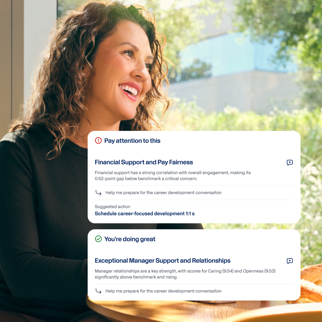 Workday Peakon Employee Voice AI insight cards showing manager coaching guidance on pay fairness and manager support